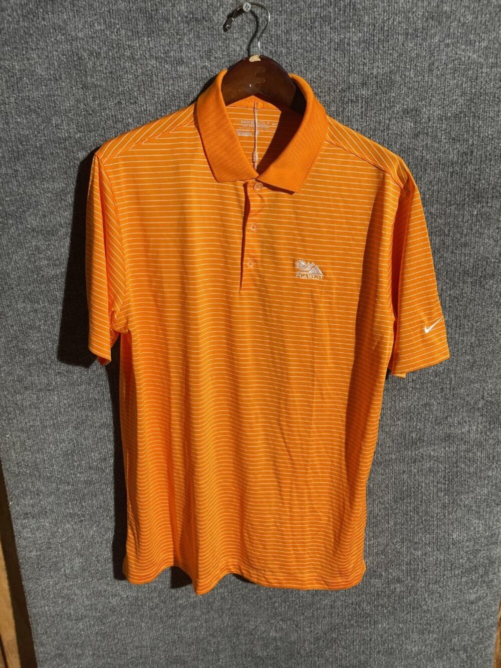 Nike Golf Polo Shirt Mens Large Orange Stripe Dri Fit Performance Koa West Logo
